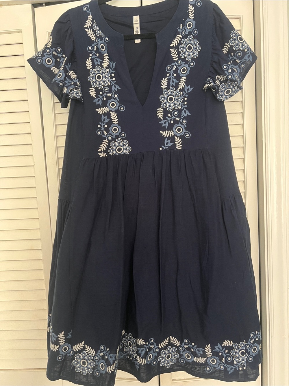 Elle Navy Blue Embroidered V-Neck Casual Dress for Girls